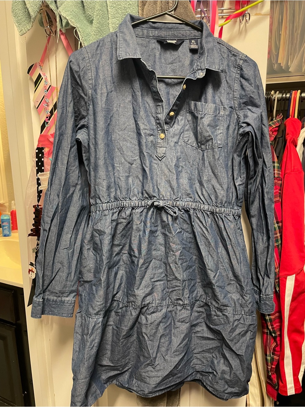 Lands End Chambray Tie-Waist Shirt Dress - Blue